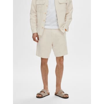 Shop Selected Homme Mads Linen Shorts Pure Cahsmere/white