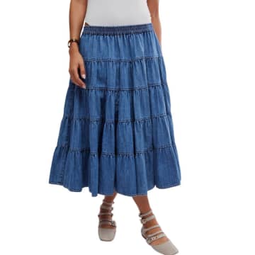 Free People Full Swing Chambray Midi Skirt In Blue