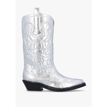 Shop Ganni Womens Mid Shaft Embroidered Western Boots In Silver In Metallic