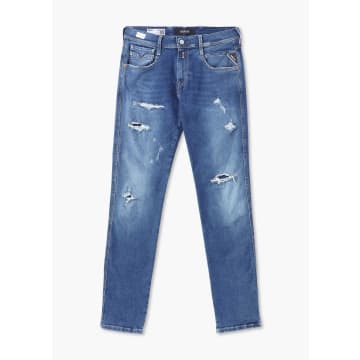 Shop Replay Mens Anbass Hyperflex Original Broken & Repaired Slim Jeans In Blue