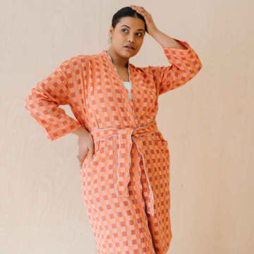 Shop The Tartan Blanket Co. Cotton Robe In Apricot Checkerboard