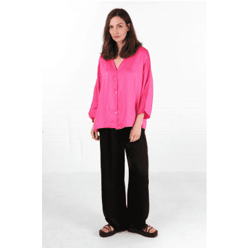 Shop Msh Oversized Button Down Silk Textured Blouse In Hot Pink