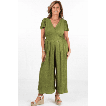 Shop Msh Plisse Textured Wide Leg Jumpsuit In Olive Green