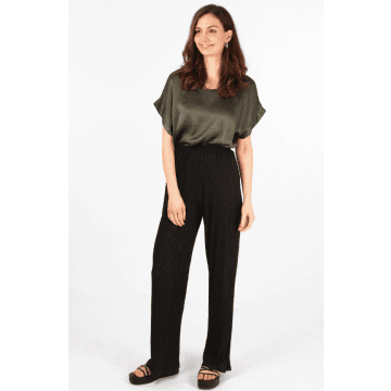 Msh Wide Leg Plisse Trousers With Elastic Smocked Waist In Black
