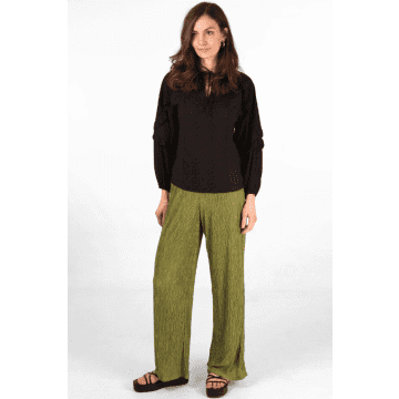 Msh Wide Leg Plisse Trousers With Elastic Smocked Waist In Olive Green