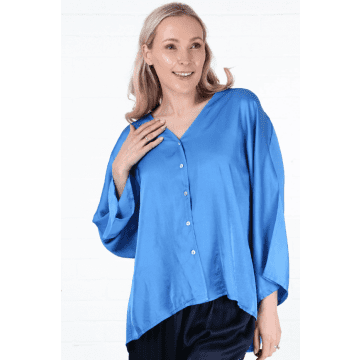 Msh Oversized Button Down Silk Textured Blouse In Blue