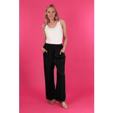 Msh Silk Textured Wide Leg Trousers With Elasticated Waist In Black In White