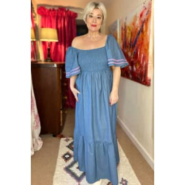 Shop Miss Shorthair Ltd Denim Look Cotton Shirred Maxi Dress In Blue