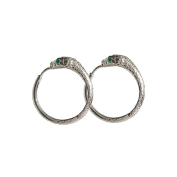 Shop Rachel Entwistle Ouroboros Snake Hoops Silver With Emeralds In Metallic