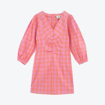 The Tiny Big Sister Check Puff Sleeves Dress In Pink