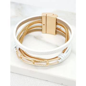 Envy White Faux Leather & Gold Chain Bracelet