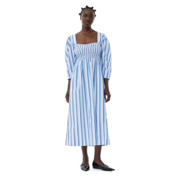 Shop Ganni Striped Cotton Smock Long Dress In Metallic