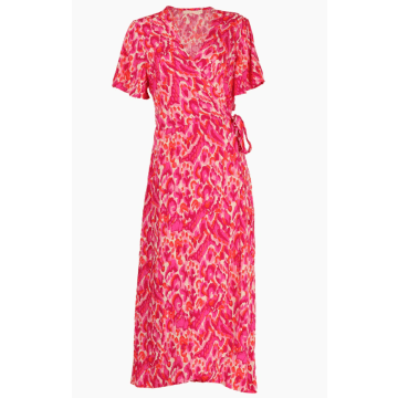 Msh Abstract Print Short Sleeve Dipped Hem Maxi Wrap Dress In Pink