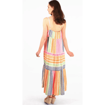 Msh Striped Aztec Print Tiered Strappy Cotton Maxi Dress In Multi