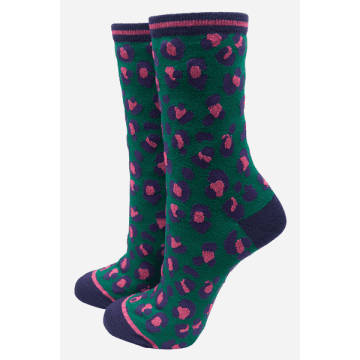 Shop Sock Talk Women's Bamboo Socks Leopard Print Ankle Socks Green Pink In Animal Print