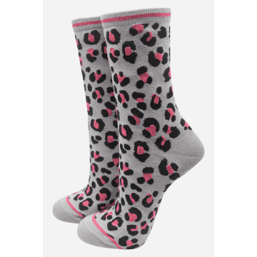 Shop Sock Talk Women's Bamboo Ankle Socks Leopard Print Grey Pink In Animal Print