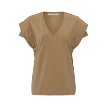 Shop Yaya V-neck Double Sleeve T-shirt Tannin Brown