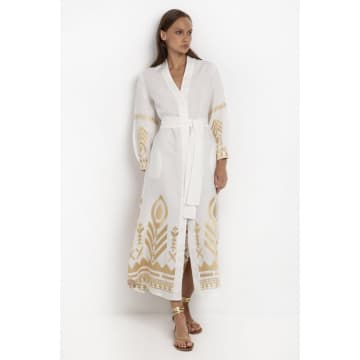 Shop Greek Archaic Kori Feathers Belted Long Kaftan Dress Col: White Gold Size S