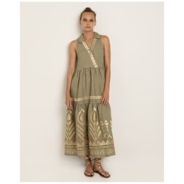 Shop Greek Archaic Kori Feathers Cross Over Sleeveless Dress Col: Tea Gold Size M