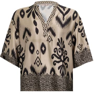 Shop Costa Mani Border Short Sleeved Blouse In Sand With Black Print In Neutrals