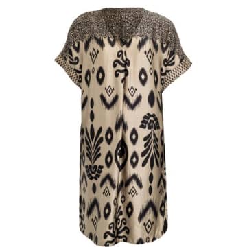 Shop Costa Mani Border Short Sleeved Dress In Sand With Black Print In Neutrals