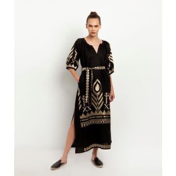Shop Greek Archaic Kori Aeolis Long Belt Dress In Black