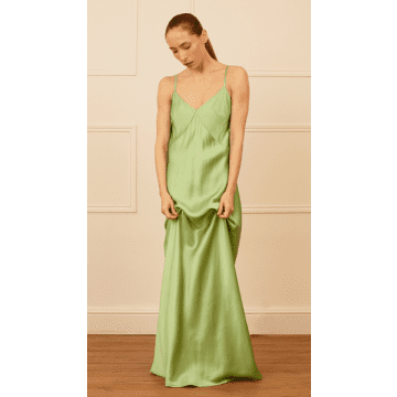 Shop Lora Gene Audrey Maxi Bias Cut Silk Slip Dress In Green