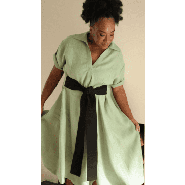 Shop Lora Gene Aja's Linen Dress With Belt In Mint Green/black By