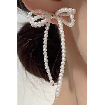 Shop White Leaf White Pearl Bow Earrings