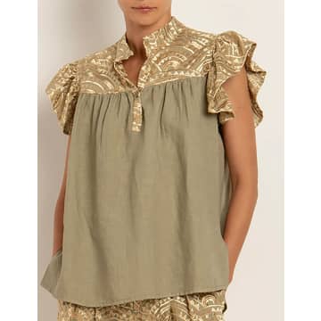 Shop Greek Archaic Kori Top All Over Ruffles In Tea And Gold 240219