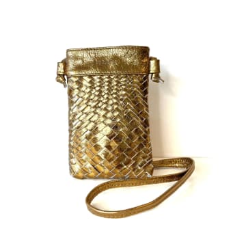 Shop Bell & Fox Kasi Mini Hand Woven Crossbody Bag In Bronze Metallic Leather