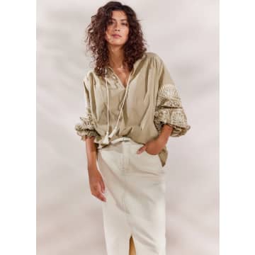 Summum Woman Sage Green Top With Ivory Embroidery In Neutral