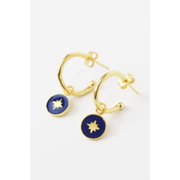 My Doris Navy Enamel Star Hoop Earrings In Gold