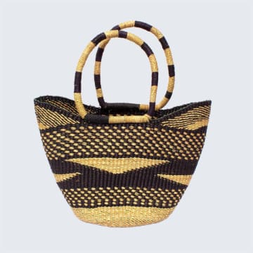 Aarven Ghanaian Medium Bolga Shopping Basket With Handles 'black & Natural Triangle'