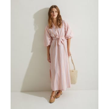 Shop Yerse Puffed Sleeves Pink Striped Belt Dress