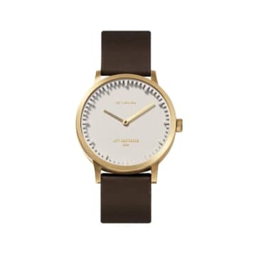 Leff Amsterdam Tube Watch | T32 Brass White Case With Brown Leather Strap