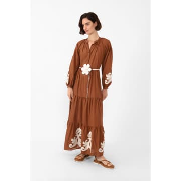 Dixie Long Cotton Dress With Baroque Embroidery In Brown