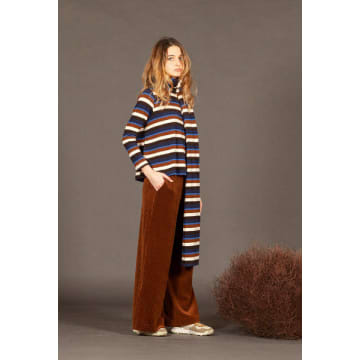 Mama B Villa Cotton Mix Fleece Knit With Cowl Neck In Brown, Cream And Blue Stripes In Burgundy
