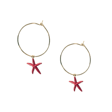 Bassy Loves Betsy Red Star Fish Charm Hoop Earrings In Gold