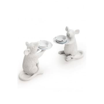 Pair Of Mouse Candle Holders In Rustic White
