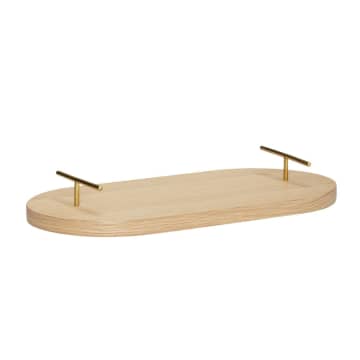 Oval Serving Tray with Brass Handles Made of Oak Wood
