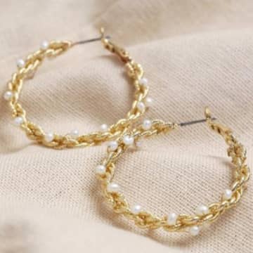 Large Twisted Gold Pearl Hoop Earrings