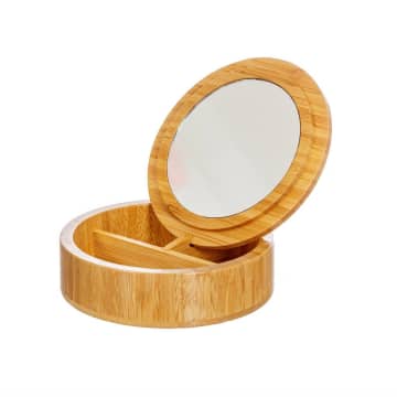 Caja de joyería de bambú redonda con espejo.