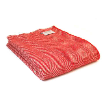 Red Fishbone Pure New Wool Throw with Cream Blanket Stitch Edge