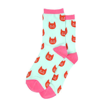 Women's Mint and Pink Cat Patterned Bamboo Socks