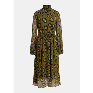 Khaki Leopard-print Midi-length Dress