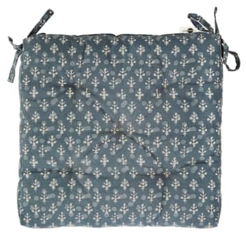 Light Grey & Blue Floral Block Print Cotton Chair Pad, 45 X 45 Cm