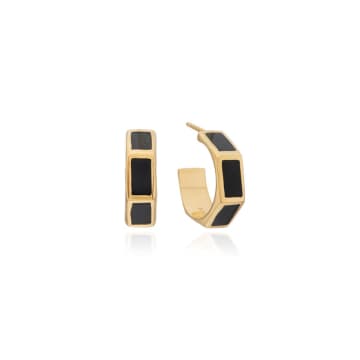 Black Onyx Inlay Hoop Earrings - Gold