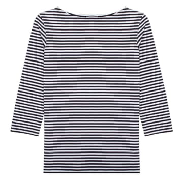 T-shirt de cou de bateau à manches 3/4 pour femmes Stripe blanche / marine