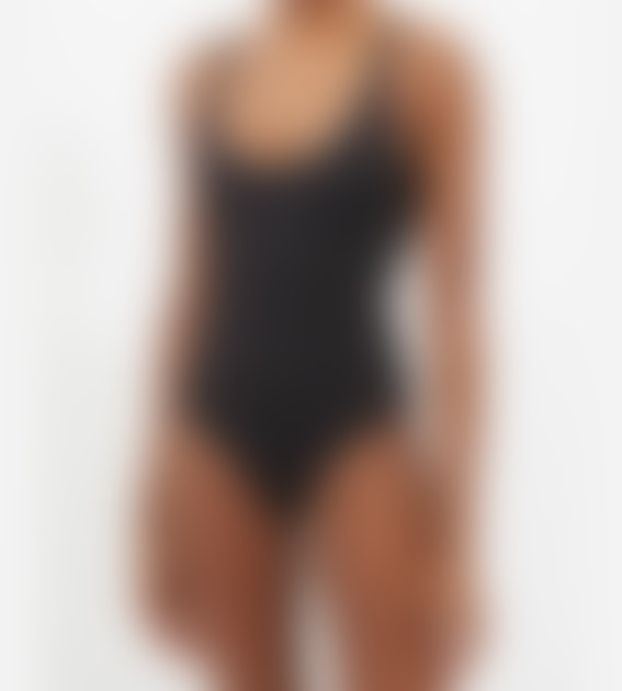 Black Zip Neck Logo Print One Piece Swimsuit